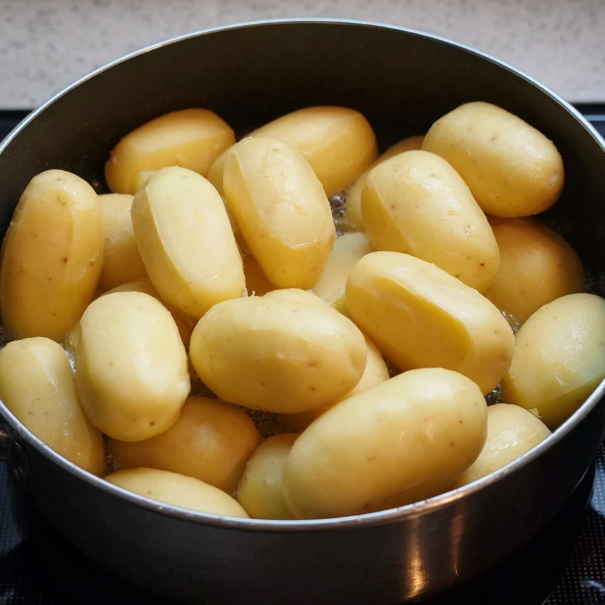 Easy Mediterranean Potato Salad Recipe 10 A pan filled with peeled and whole potatoes, ready to be cooked. The potatoes are prepared for a hearty dish, either mashed, roasted, or included in a salad.