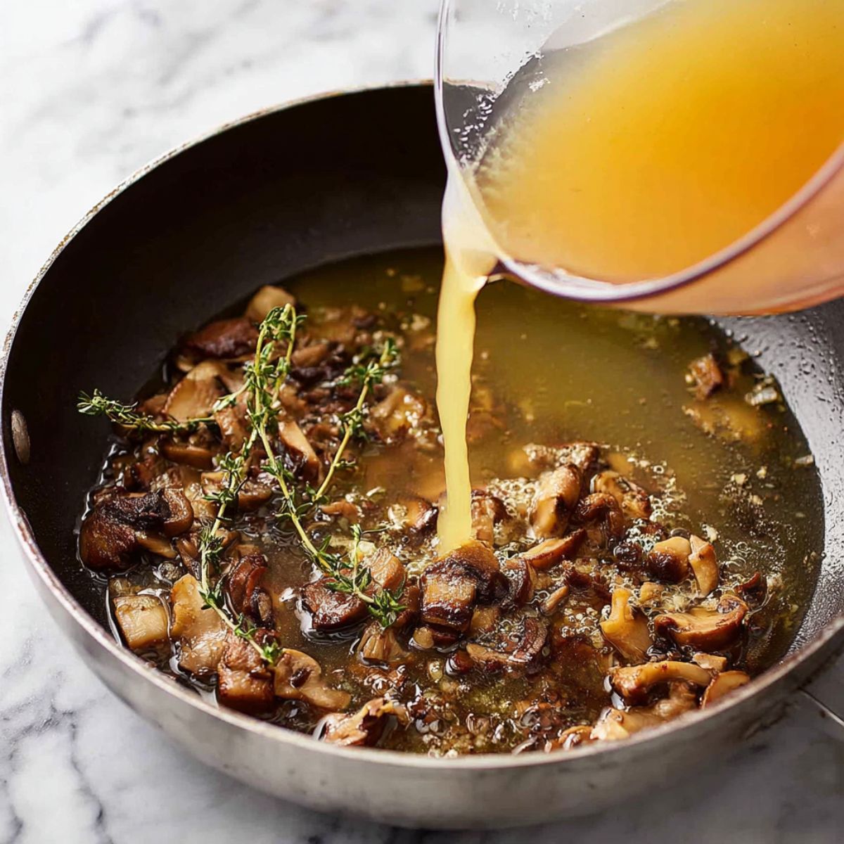 Delicious Poutine Recipe 12 Pouring broth into a pan with sautéed mushrooms and thyme, creating a flavorful base for a savory dish.