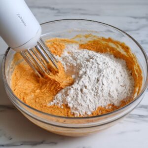 The Best Pumpkin Bread Recipe 16 An electric hand mixer blending flour into a bowl of pumpkin bread batter, with flour and pumpkin mixture partially combined