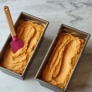 The Best Pumpkin Bread Recipe 17 Pumpkin bread batter evenly spread into two loaf pans, with a spatula resting on the edge, smoothing the batter before baking.