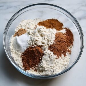The Best Pumpkin Bread Recipe 15 A close-up of dry ingredients for pumpkin bread, including flour, cinnamon, nutmeg, and baking soda, all mixed together in a glass bowl.