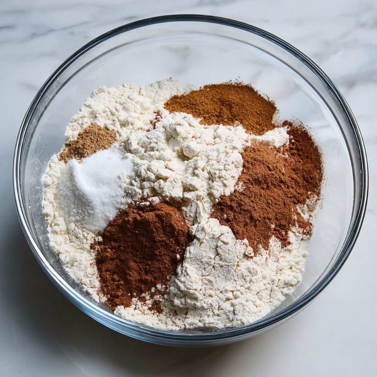 The Best Pumpkin Bread Recipe 10 A close-up of dry ingredients for pumpkin bread, including flour, cinnamon, nutmeg, and baking soda, all mixed together in a glass bowl.