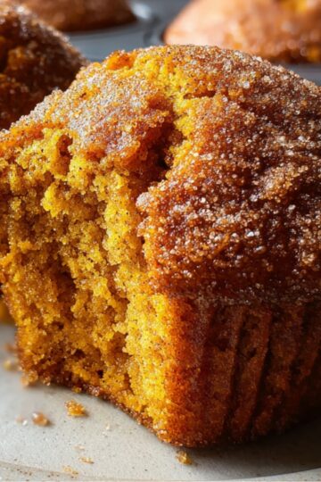 Best Pumpkin Muffins Recipe 1 Pumpkin Muffins Close-up of a freshly baked pumpkin muffin with a cinnamon-sugar crust and a soft, moist interior on a white plate