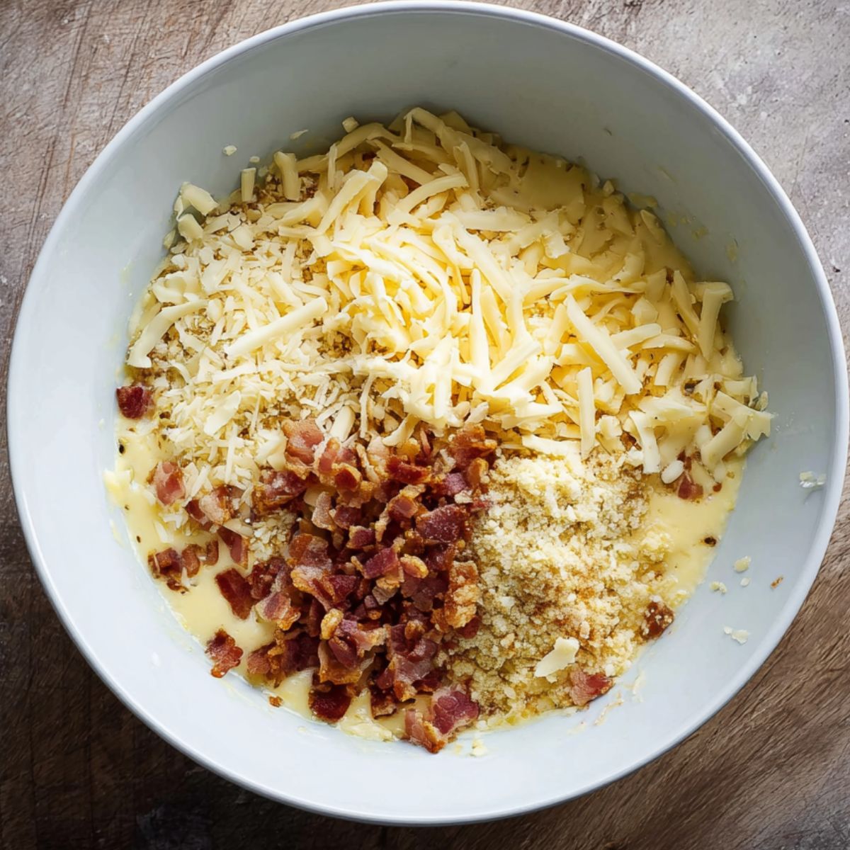 The Best Quiche Lorraine Recipe 12 Cheese, bacon, and egg mixture in a bowl, ready to be used as filling for a savory quiche.