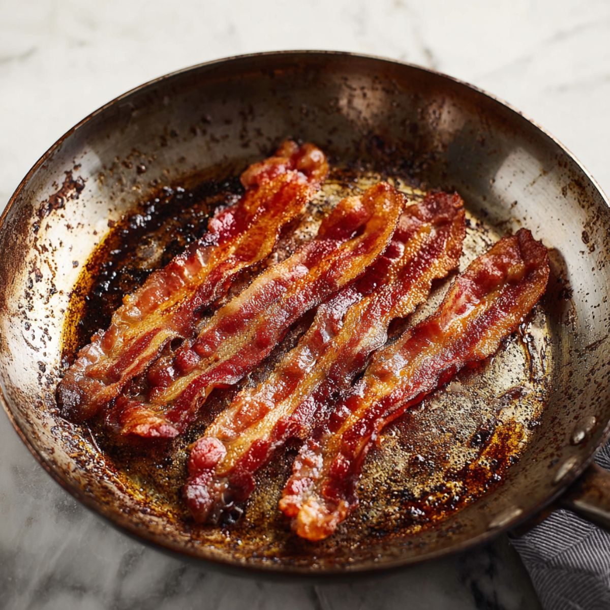 The Best Quiche Lorraine Recipe 11 Bacon strips sizzling and cooking in a skillet, ready to be added to recipes like quiche or served as a crispy breakfast side.