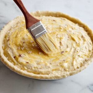 The Best Quiche Lorraine Recipe 18 Pie crust being brushed with a golden glaze before baking to achieve a perfect, golden finish.