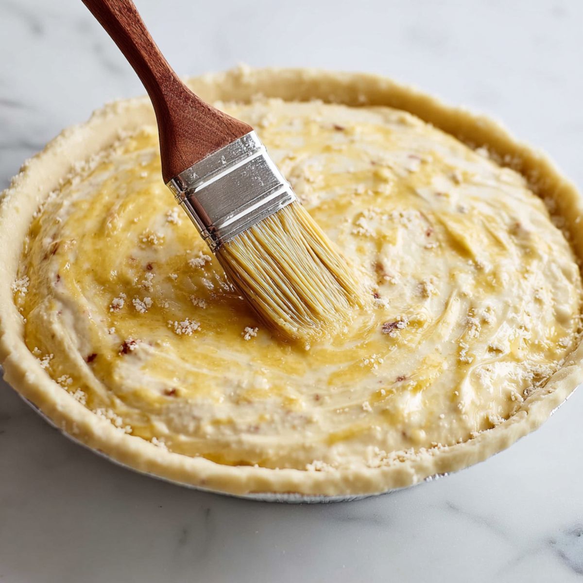 The Best Quiche Lorraine Recipe 13 Pie crust being brushed with a golden glaze before baking to achieve a perfect, golden finish.