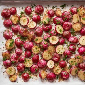 Easy Roasted Radishes Recipe 16 "A tray of roasted radishes, evenly spaced and lightly browned on a sheet of parchment paper. The radishes are sprinkled with fresh parsley, adding a touch of green to the roasted, golden-brown vegetable pieces."