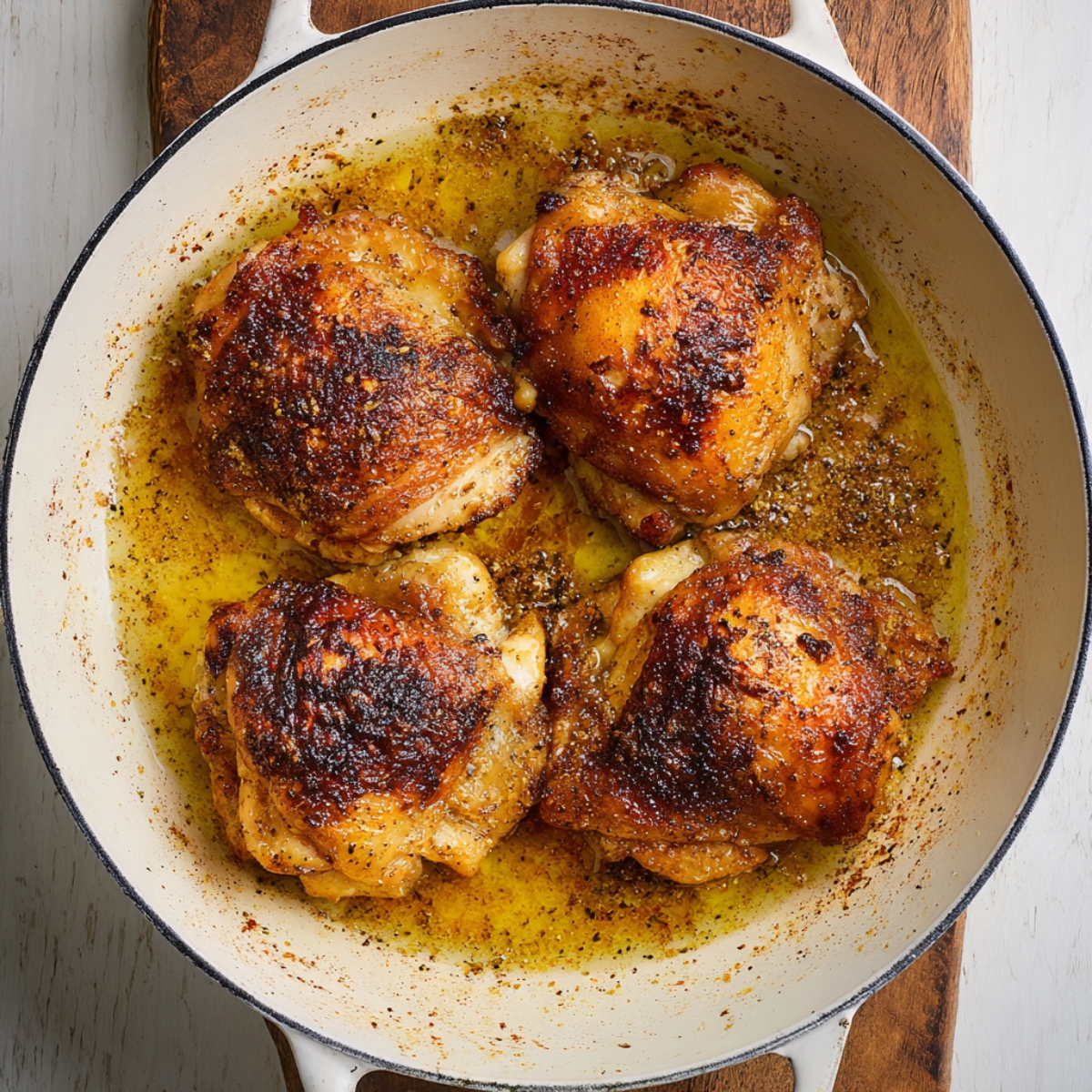The Best Smothered Chicken Recipe 11 "Golden-brown chicken thighs with crispy skin cooking in a white enamel pan, surrounded by sizzling juices and seasoning. The chicken looks flavorful and perfectly seared on both sides.