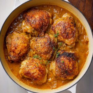 The Best Smothered Chicken Recipe 18 Golden-brown, crispy-skinned chicken thighs sizzling in a flavorful sauce in a white enamel pan. The rich sauce surrounds the chicken as it continues to cook, making for a hearty and savory dish.
