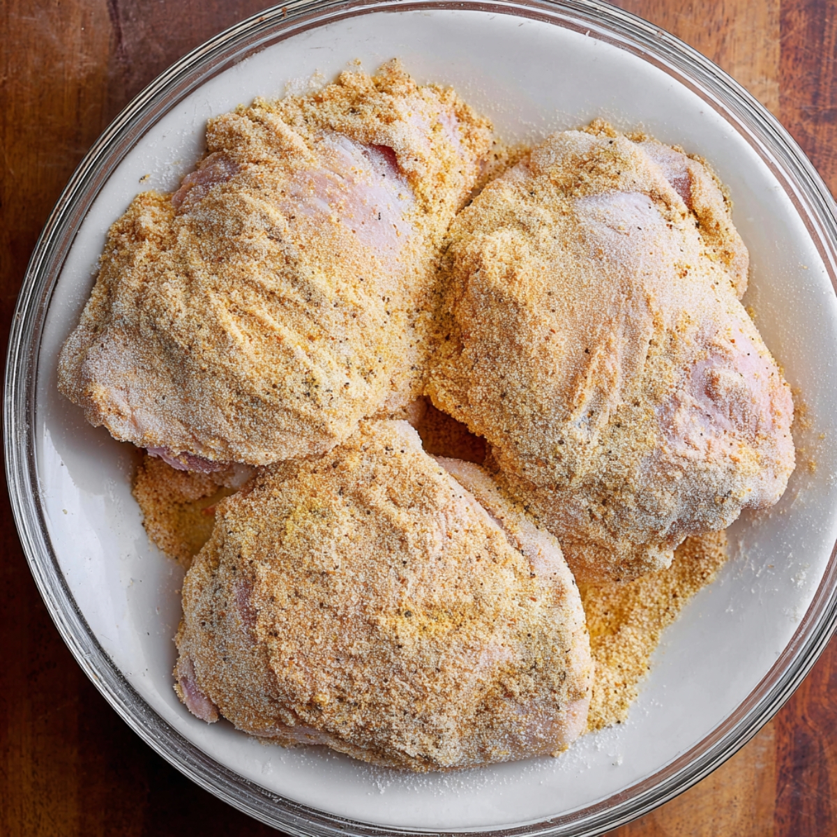 The Best Smothered Chicken Recipe 10 Chicken thighs coated with seasoned flour, ready to be cooked. The flour mixture ensures a crispy, golden crust once fried, adding texture and flavor to the chicken.