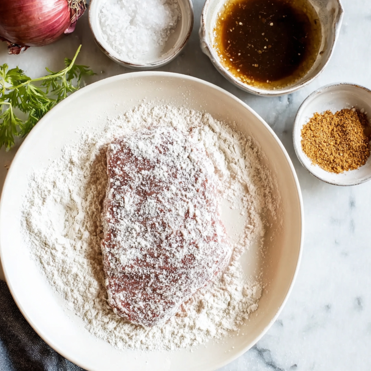 Healthy Smothered Cube Steak Recipe 10 Cube steak coated in flour, ready to be browned in the pan before being simmered in a savory sauce with onions and seasonings.