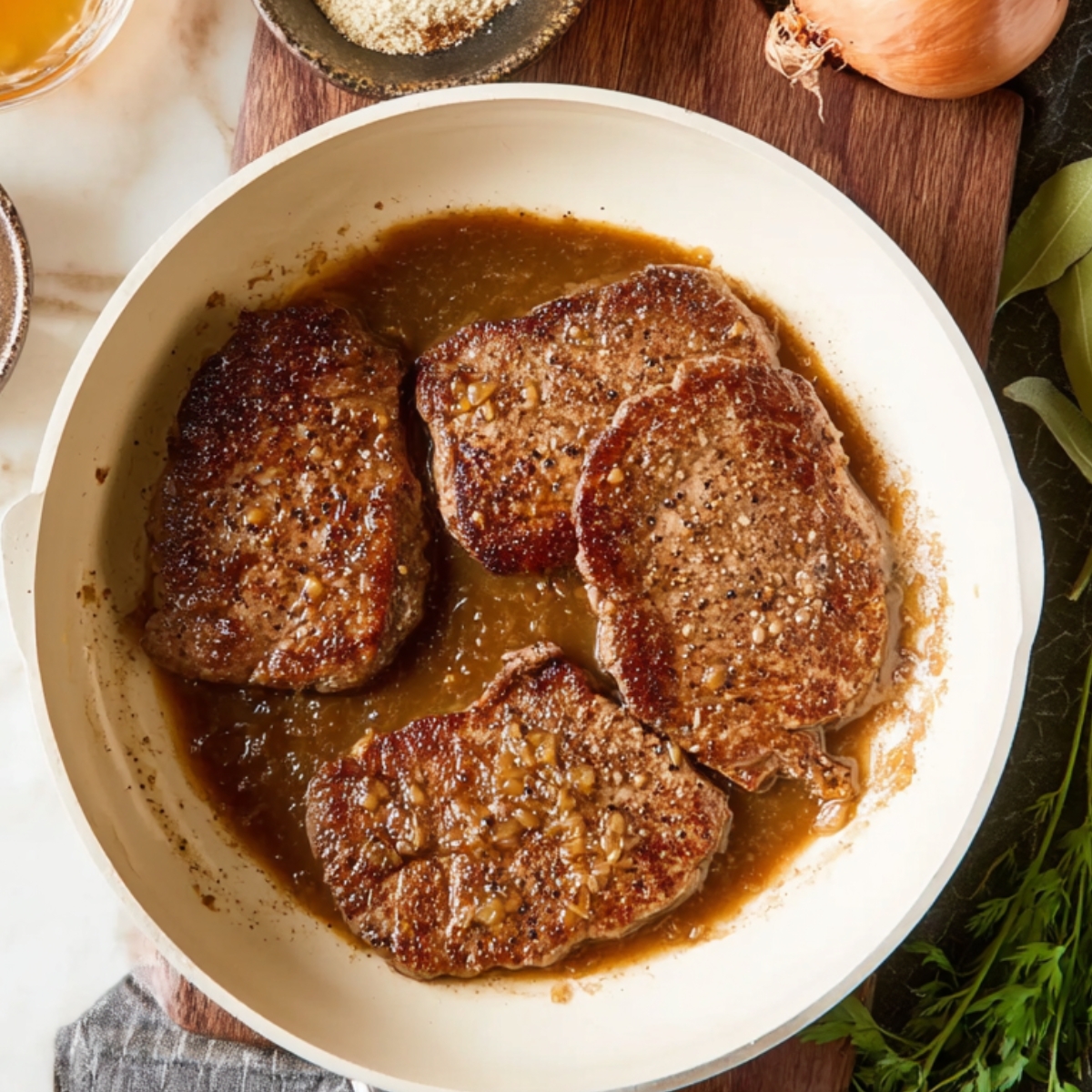 Healthy Smothered Cube Steak Recipe 11 Golden-brown cube steaks cooked and ready to be smothered with a rich onion and gravy sauce in the pan, alongside seasonings for added flavor