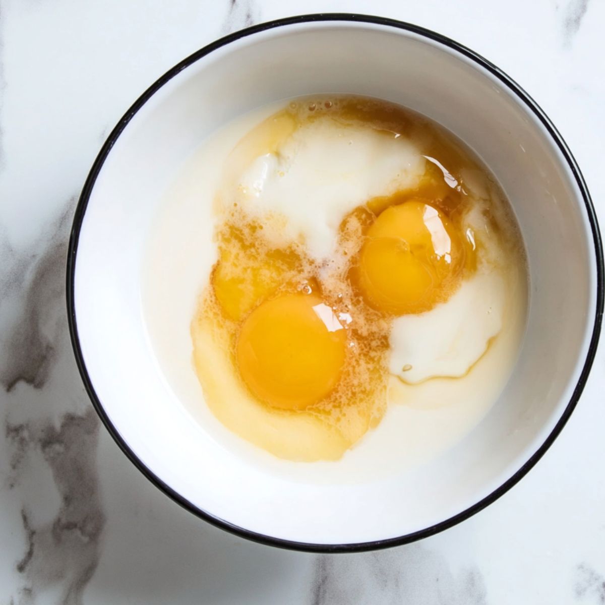 Best Sourdough Chocolate Chip Scones 11 Top-down view of a white ceramic bowl with a black rim on a white marble countertop, containing two raw eggs, visible egg yolks and egg whites mixed with vanilla extract, soft natural lighting, minimal food photography, high resolution, clean background, realistic details