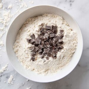 Best Sourdough Chocolate Chip Scones 15 Overhead shot of a white mixing bowl filled with flour and chocolate chunks on a white marble surface, natural soft light, minimalistic food photography, high detail, realistic texture, baking preparation scene, neutral tones, high resolution