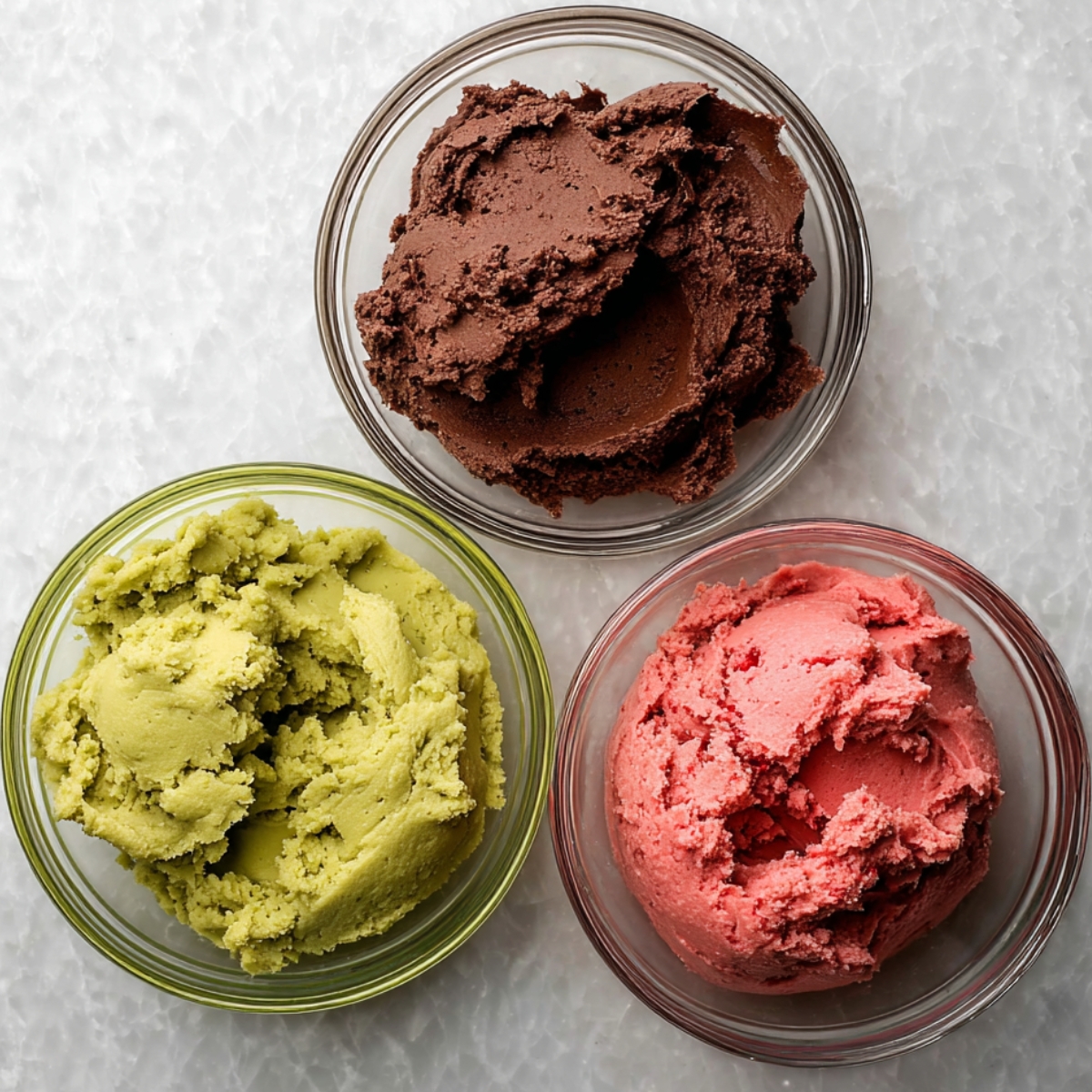 Easy Spumoni Cookies Recipe 11 Three separate bowls of spumoni cookie dough in chocolate, pistachio, and cherry colors, each dough vibrant and ready to be combined into the final cookie dough for spumoni cookies