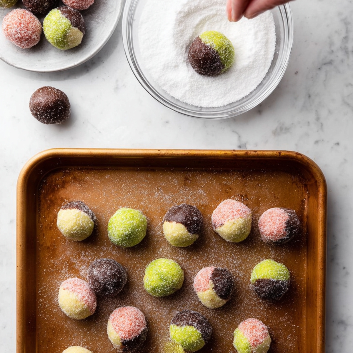 Easy Spumoni Cookies Recipe 12 Spumoni Cookies A tray of colorful spumoni cookie dough balls, half dipped in chocolate and half in pistachio, coated with sugar. A small bowl of sugar is in the background, and one cookie is being dipped, ready for the next step in preparation