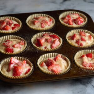 Healthy Strawberry Muffins Recipe 17 Unbaked strawberry muffins ready to go into the oven. The muffin batter is topped with fresh strawberry pieces, dusted with cinnamon sugar for an added touch of sweetness, in a muffin tin lined with paper cups.