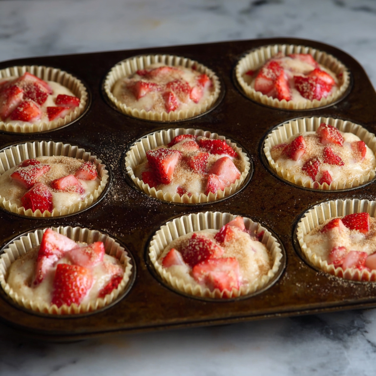 Healthy Strawberry Muffins Recipe 12 Unbaked strawberry muffins ready to go into the oven. The muffin batter is topped with fresh strawberry pieces, dusted with cinnamon sugar for an added touch of sweetness, in a muffin tin lined with paper cups.