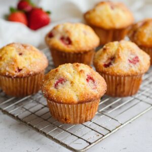Healthy Strawberry Muffins Recipe 18 Freshly baked strawberry muffins cooling on a wire rack. The muffins have a golden, slightly crisp top with visible strawberry pieces peeking through. The background includes a clean white table setting, giving it a homely, inviting feel.