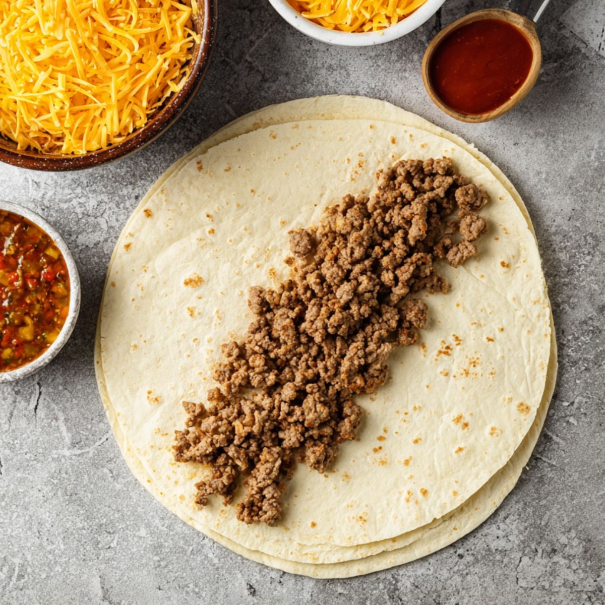 Easy Taco Bell Enchirito Recipe 11 A tortilla filled with seasoned ground beef, ready to be rolled into a burrito. The bowl of shredded cheese, taco sauce, and other fillings are laid out beside it, making it easy to assemble.
