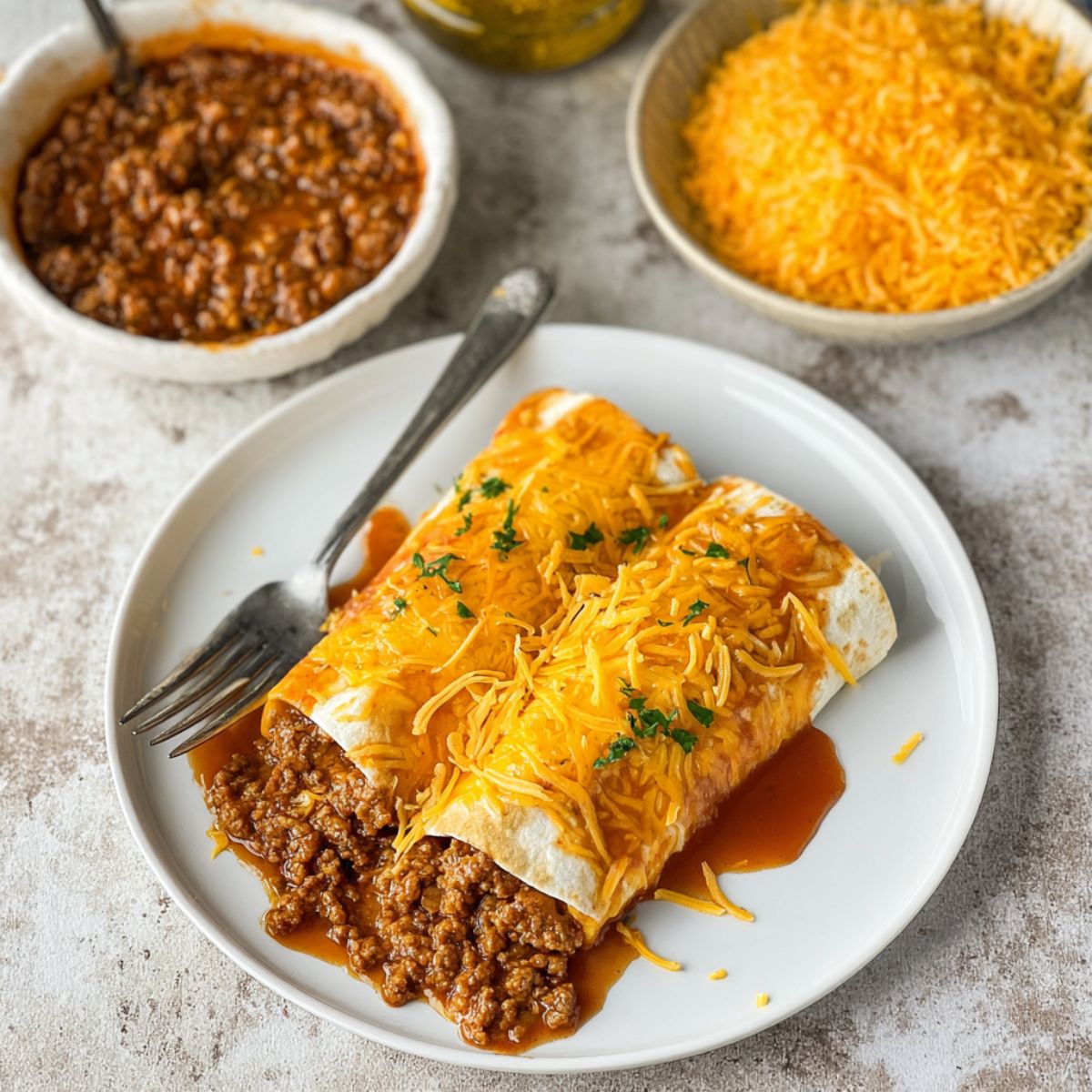 Easy Taco Bell Enchirito Recipe 12 A delicious plate of enchiladas topped with shredded cheddar cheese, drizzled with enchilada sauce, and served with a fork. The enchilada is filled with seasoned ground beef, perfect for a savory meal.