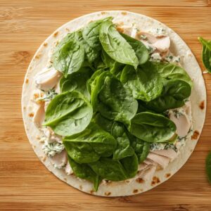 Easy Homemade Turkey Pinwheels Recipe 16 Layering spinach on the tortilla: "Add a generous layer of fresh spinach over the cream cheese and turkey mixture on the tortilla for a burst of color and nutrition."