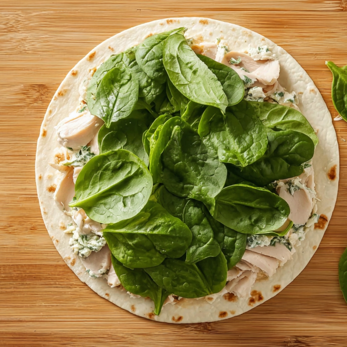 Easy Homemade Turkey Pinwheels Recipe 12 Layering spinach on the tortilla: "Add a generous layer of fresh spinach over the cream cheese and turkey mixture on the tortilla for a burst of color and nutrition."
