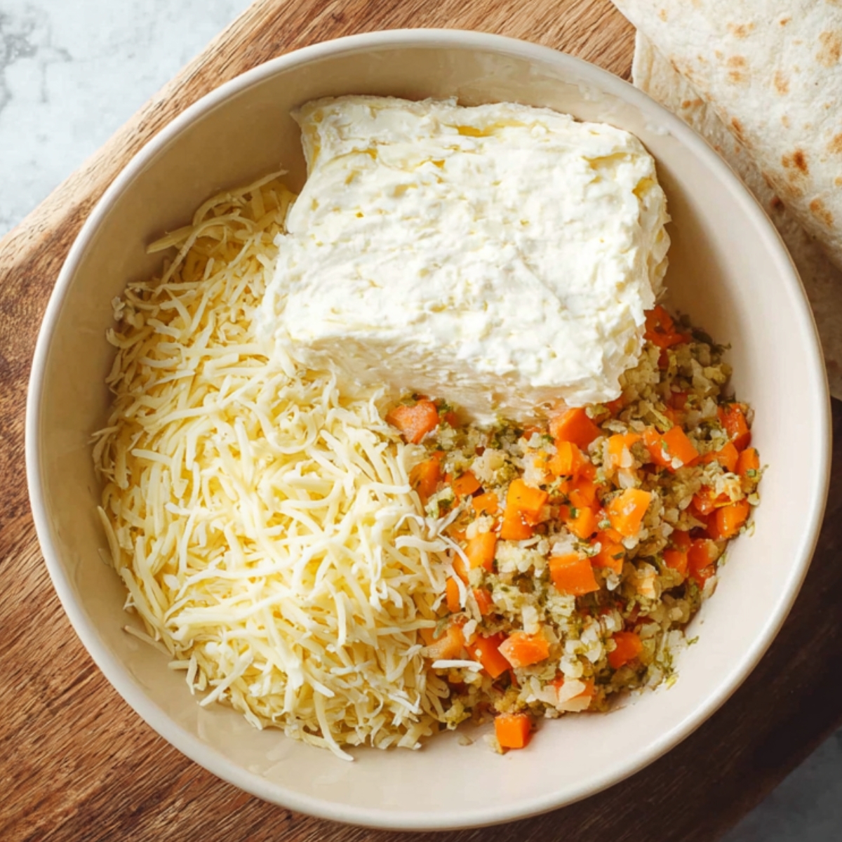 Easy Homemade Turkey Pinwheels Recipe 10 Mixing ingredients for the filling: "In a bowl, combine shredded cheese, cream cheese, vegetables, and seasonings to create a flavorful and creamy filling for the pinwheels."