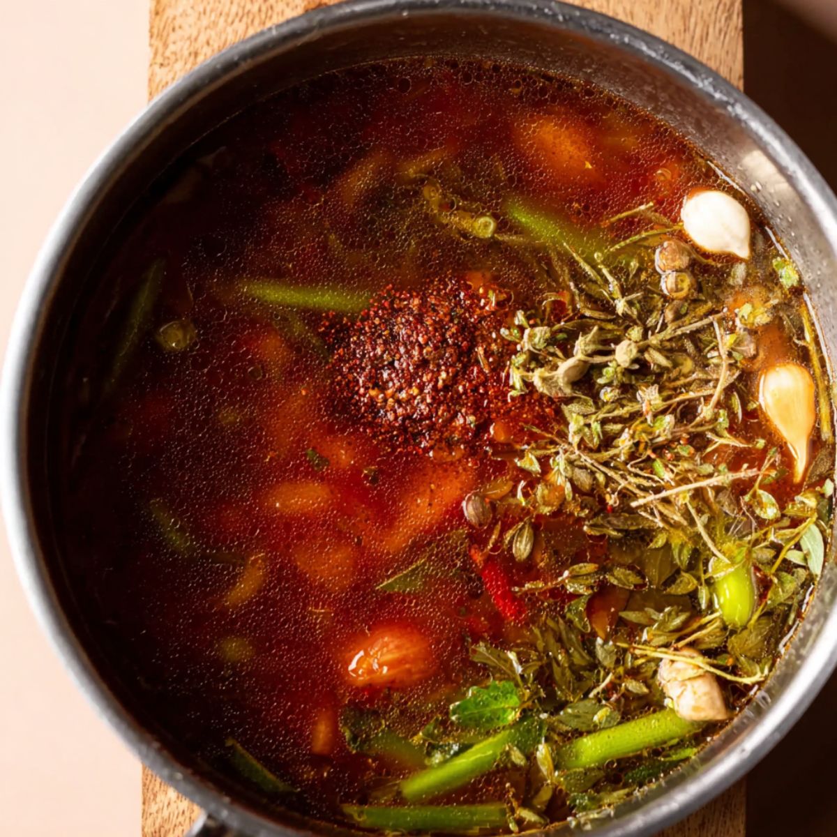 Delicious Vegan Lasagna Soup Recipe 11 A close-up shot of vegan lasagna soup with herbs and spices added for extra flavor