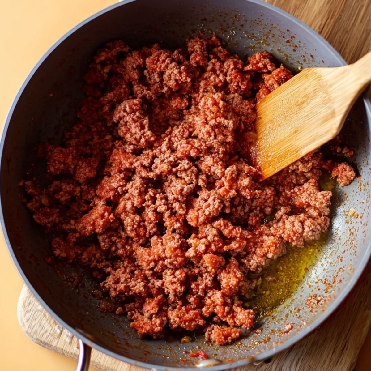 Delicious Vegan Lasagna Soup Recipe 10 Vegan ground meat being browned in a pan as part of the preparation for lasagna soup.