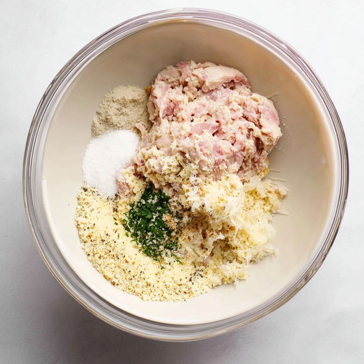 Delicious Grilled Chicken Burgers Recipe 11 The wet and dry ingredients are combined in a bowl, including chicken, breadcrumbs, seasonings, and other flavorings to form the chicken patty mixture.