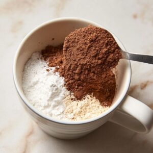 The Best Chocolate Mug Cake Recipe 14 A close-up of dry ingredients like cocoa powder and flour being added to a cup for a quick microwave cake