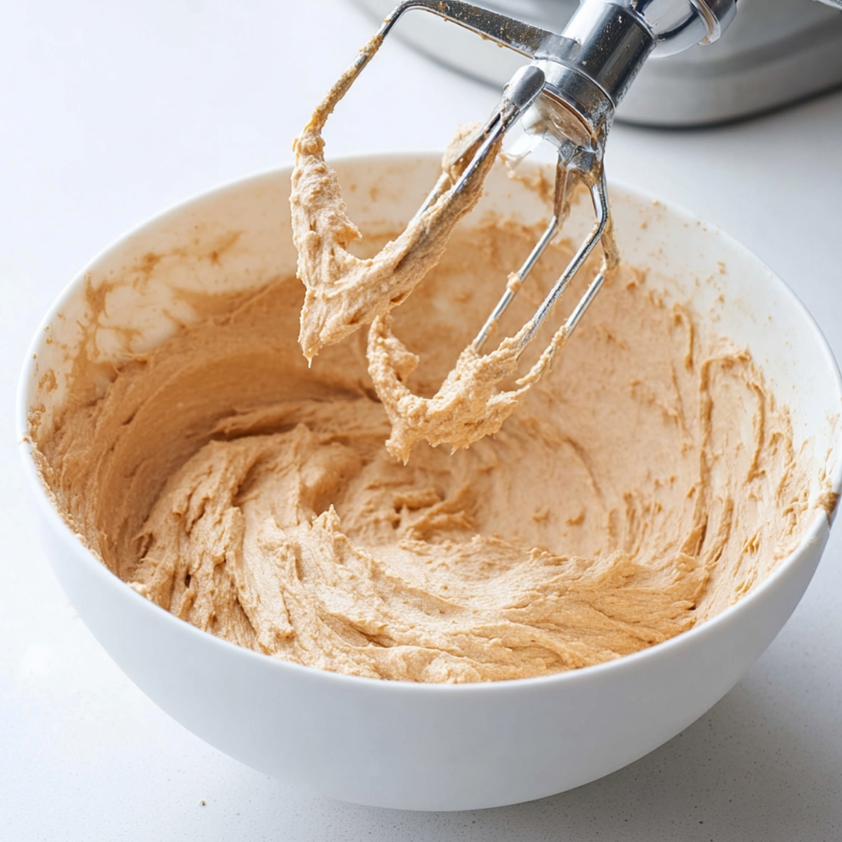 Delicious Cinnamon Butter Recipe 11 Electric hand mixer beaters coated in thick tan batter above a white mixing bowl filled with creamy batter on a light countertop.