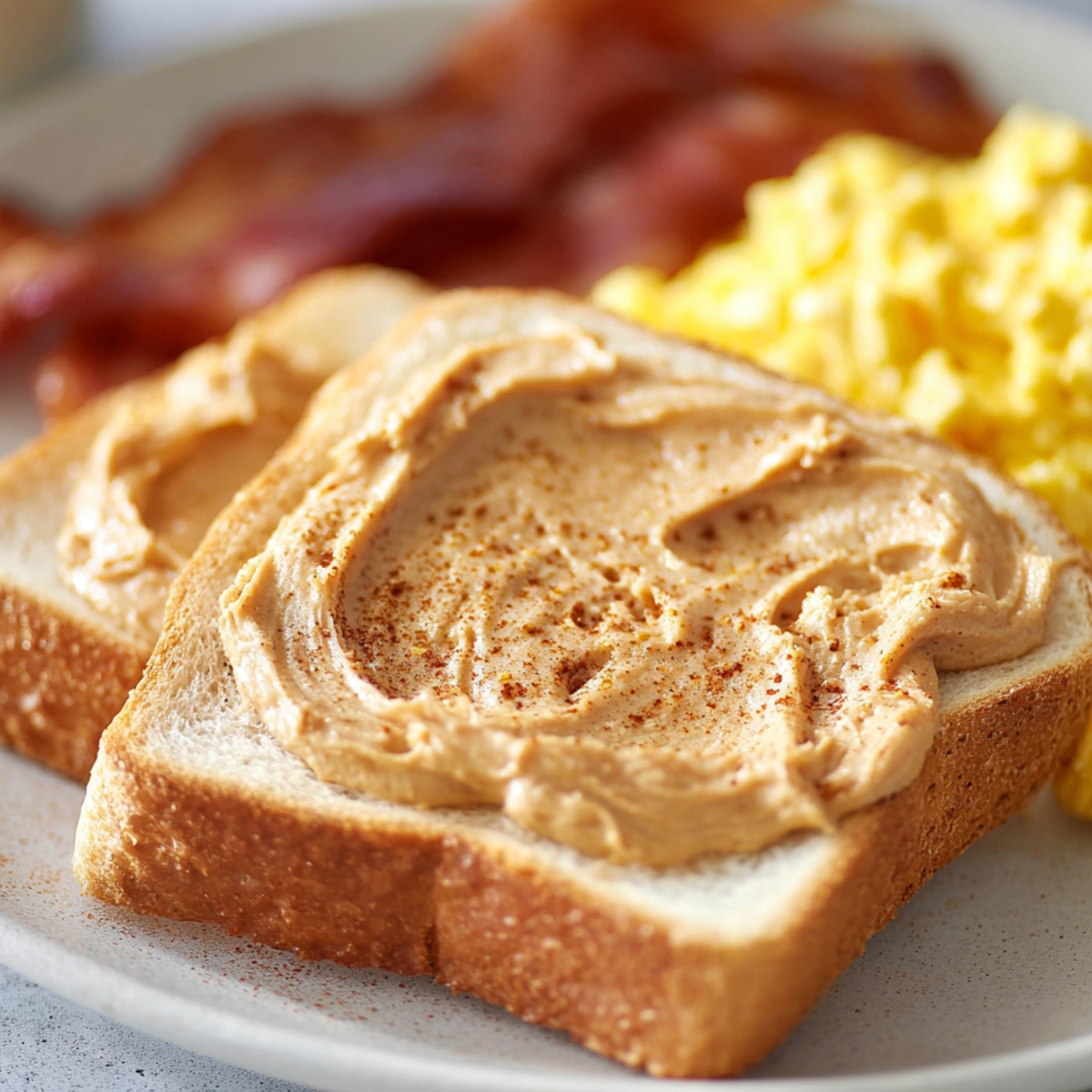 Delicious Cinnamon Butter Recipe 12 Close-up of two slices of toast spread thickly with cinnamon honey butter on a white plate, with scrambled eggs and crispy bacon blurred in the background.