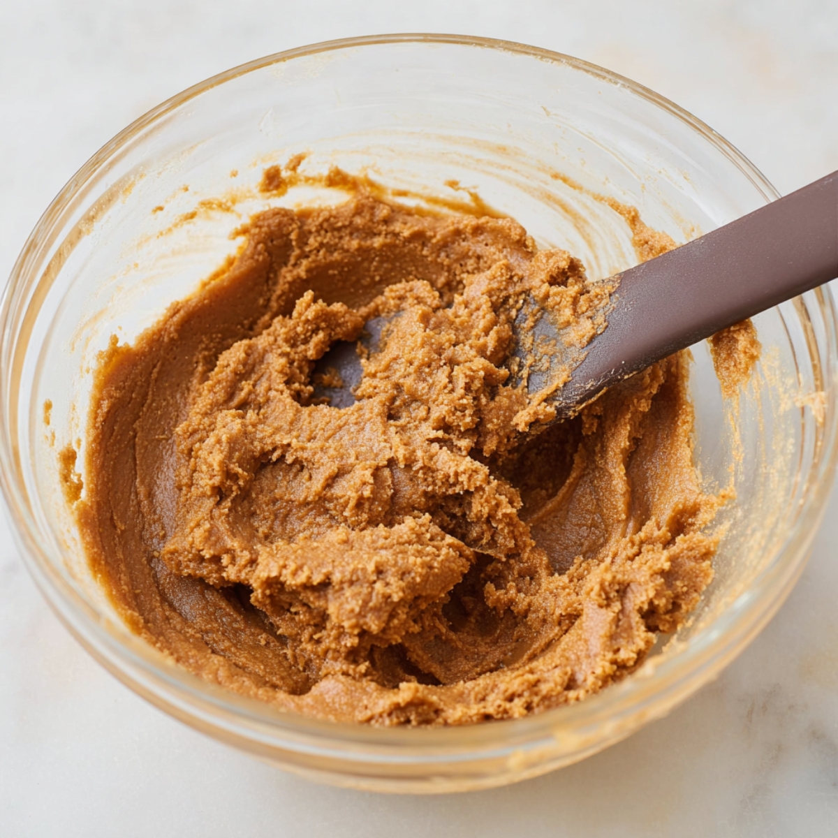 Healthy Gingerbread Cookies Recipe 11 Close-up of soft gingerbread dough in a glass mixing bowl, with a spatula for mixing