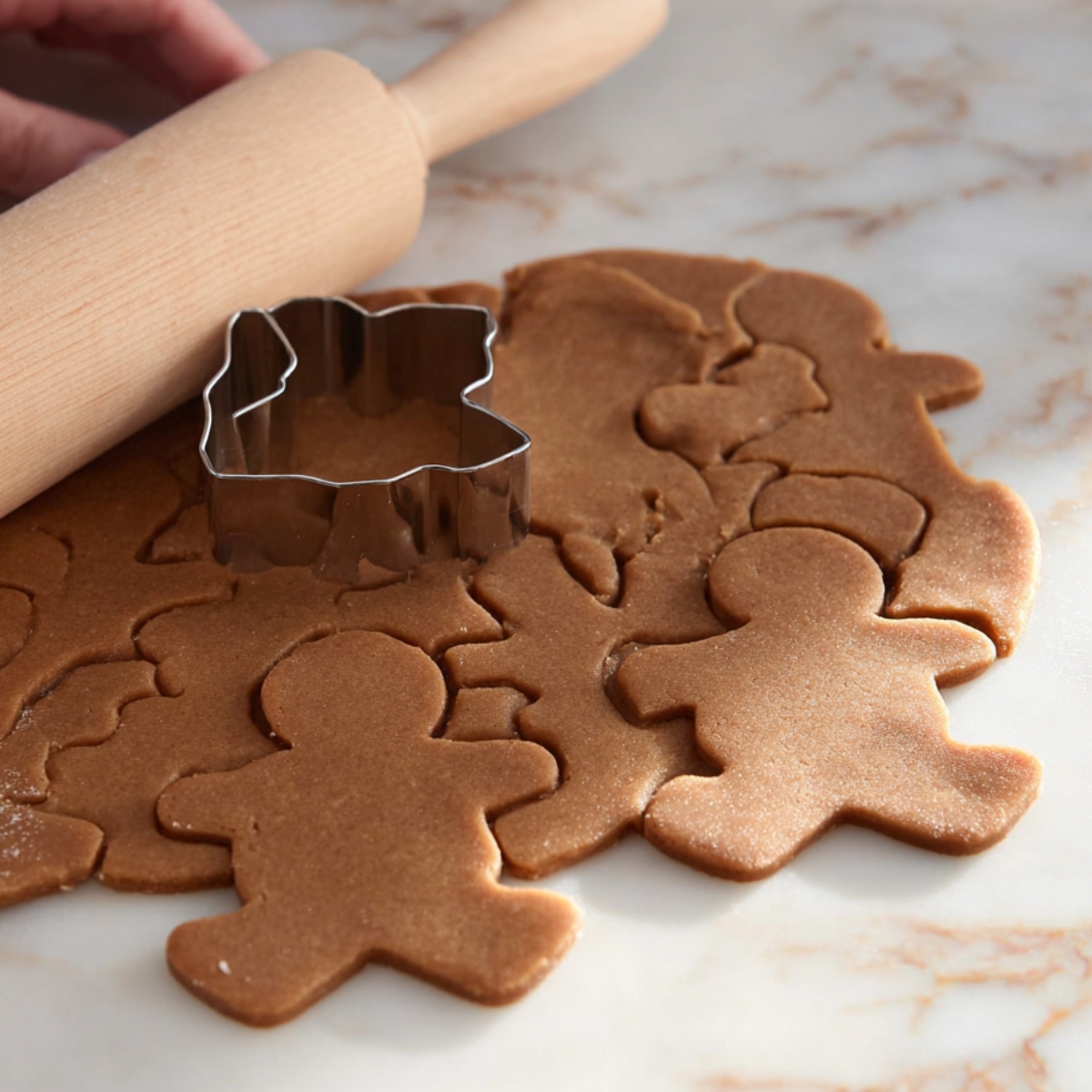 Healthy Gingerbread Cookies Recipe 12 Cutting out gingerbread man shapes from dough using a cookie cutter, a rolling pin nearby on the marble countertop.