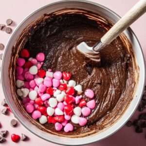 Healthy Heart Shaped Brownies Recipe 16 A mixing bowl filled with rich brownie batter, surrounded by pink, red, and white candy-coated chocolate pieces and chocolate chips, being stirred with a spatula.