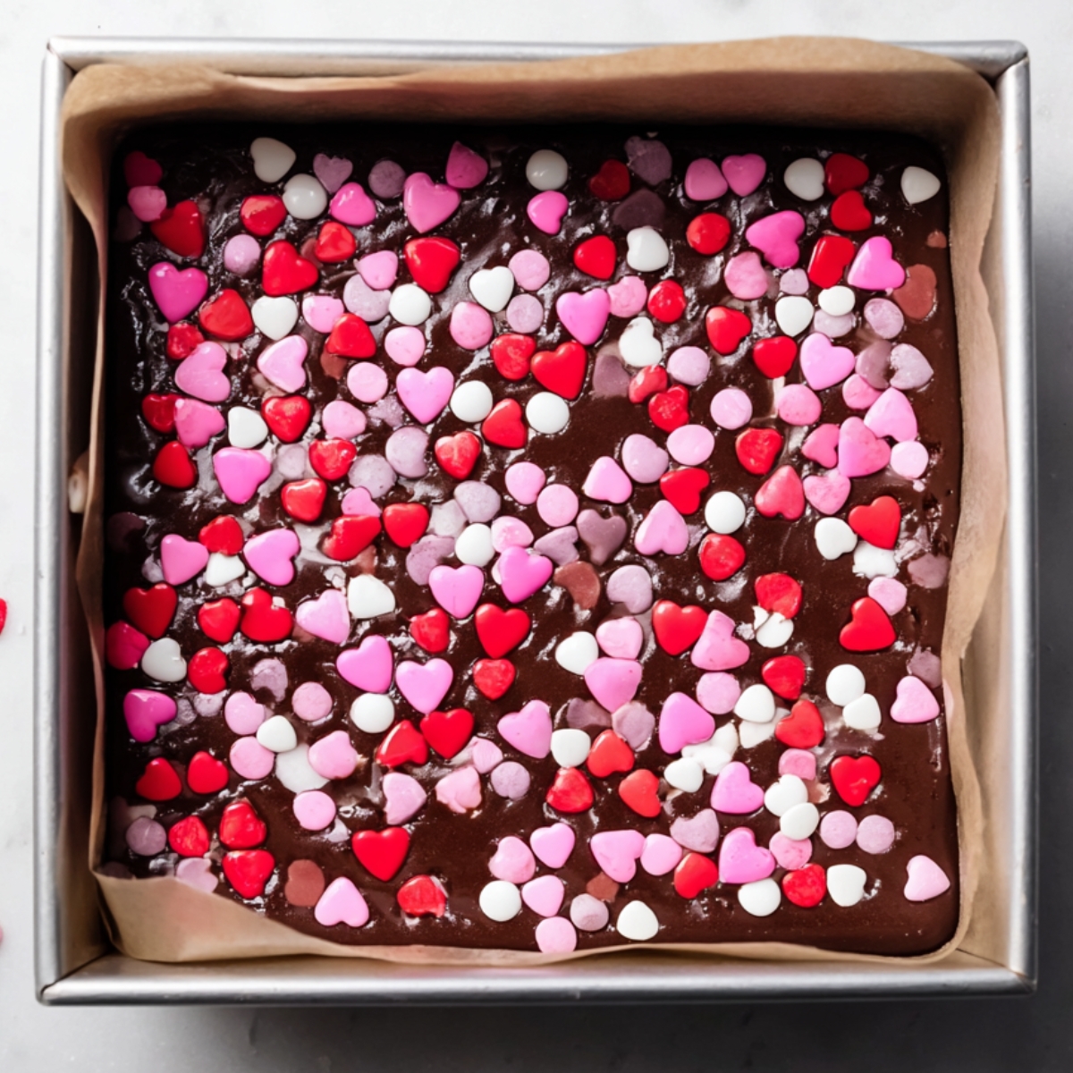 Healthy Heart Shaped Brownies Recipe 12 Unbaked brownie batter in a square pan, topped with pink, red, and white candy-coated chocolate pieces, ready to be baked.