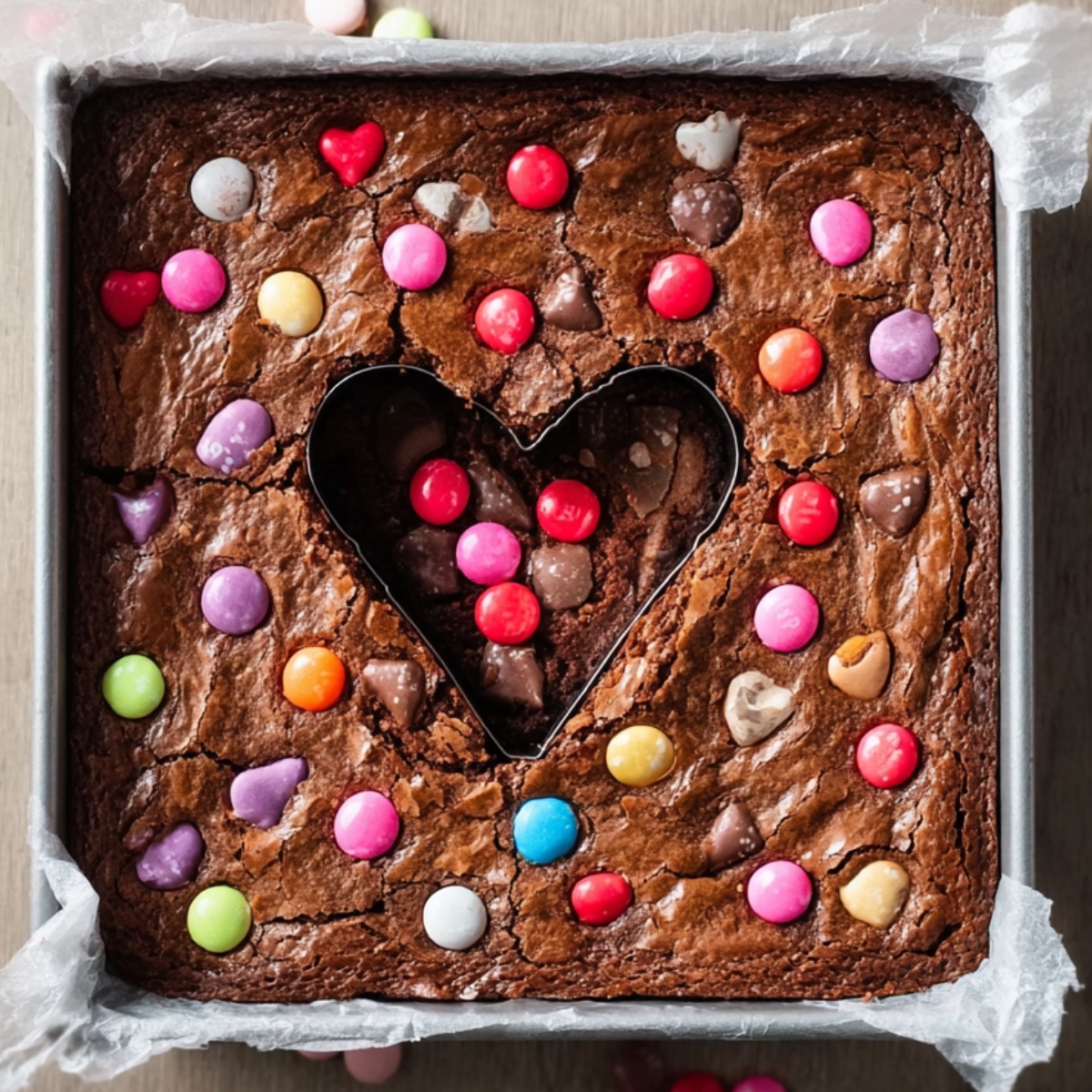 Healthy Heart Shaped Brownies Recipe 13 A pan of brownies topped with colorful candy-coated chocolate pieces, with a heart-shaped cookie cutter in the center creating a fun shape.