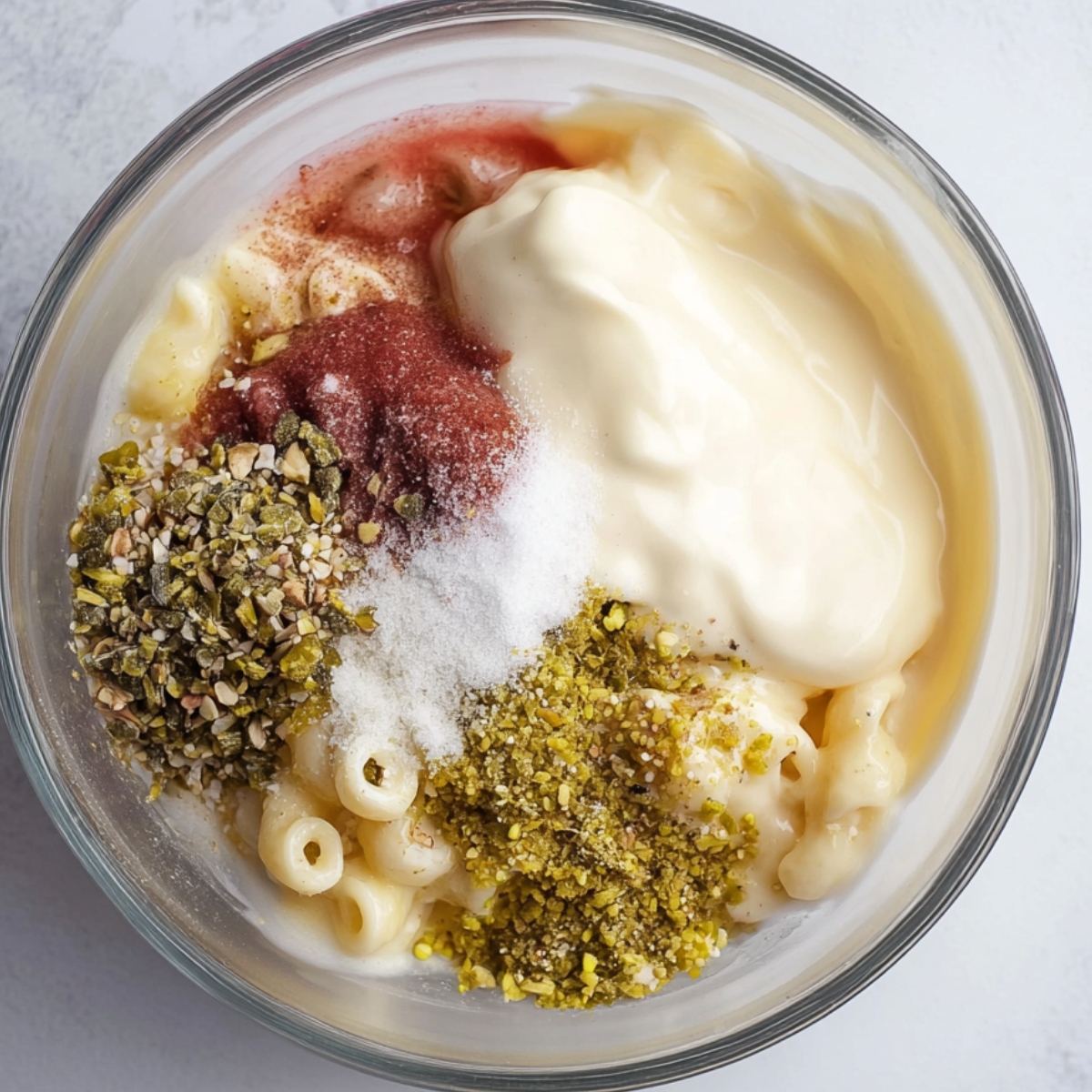 Best Macaroni Salad Recipe 12 Dressing ingredients for macaroni salad including mayonnaise, mustard, pickles, and seasonings, all combined in a bowl to create a flavorful base for the salad.