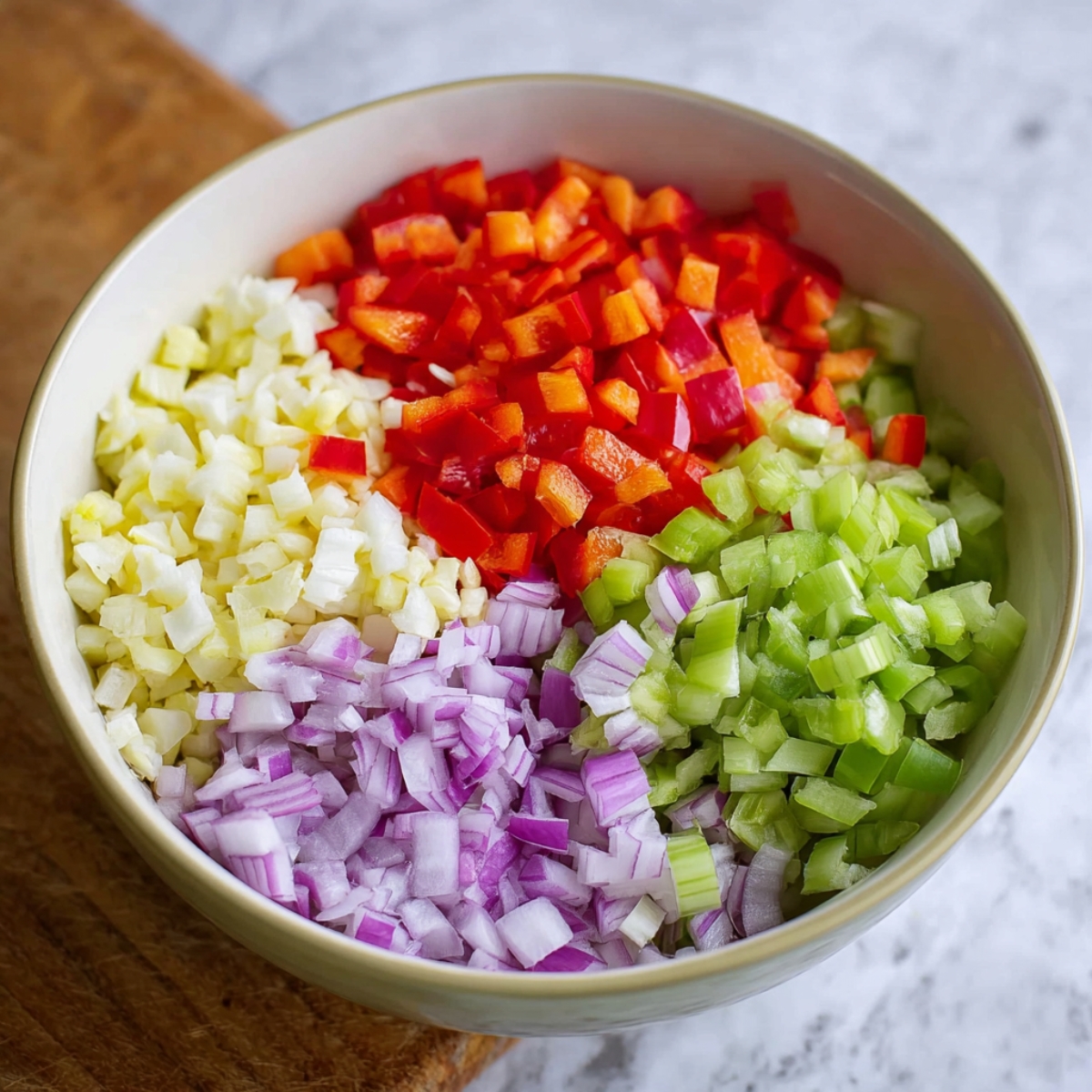 Best Macaroni Salad Recipe 10 Chopped vegetables for the macaroni salad, including red bell peppers, celery, and onions, sitting in a bowl ready to be mixed into the salad for a colorful and crunchy bite.