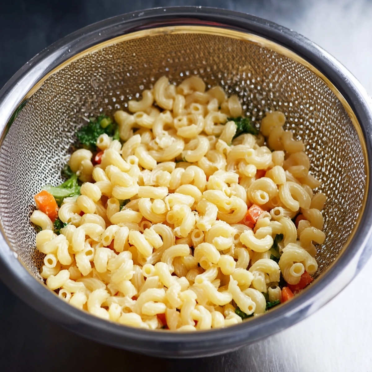Best Macaroni Salad Recipe 11 Strained cooked macaroni in a colander, ready to be mixed with the vegetables and dressing for the perfect macaroni salad. The pasta is properly drained to avoid a watery salad."