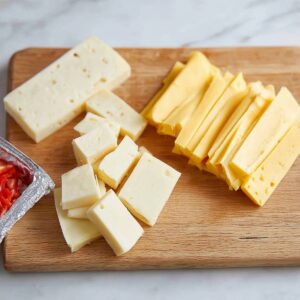 Easy Marinated Cheese Recipe 16 "A wooden cutting board with different varieties of cheese, sliced into strips and cubes, ready to be layered in a casserole dish for marination.