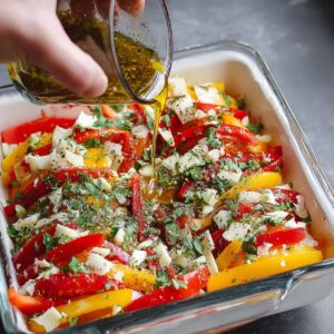Easy Marinated Cheese Recipe 17 "A hand is pouring a vibrant olive oil and herb marinade over layers of cheese, red peppers, and fresh herbs, preparing the dish for marination.