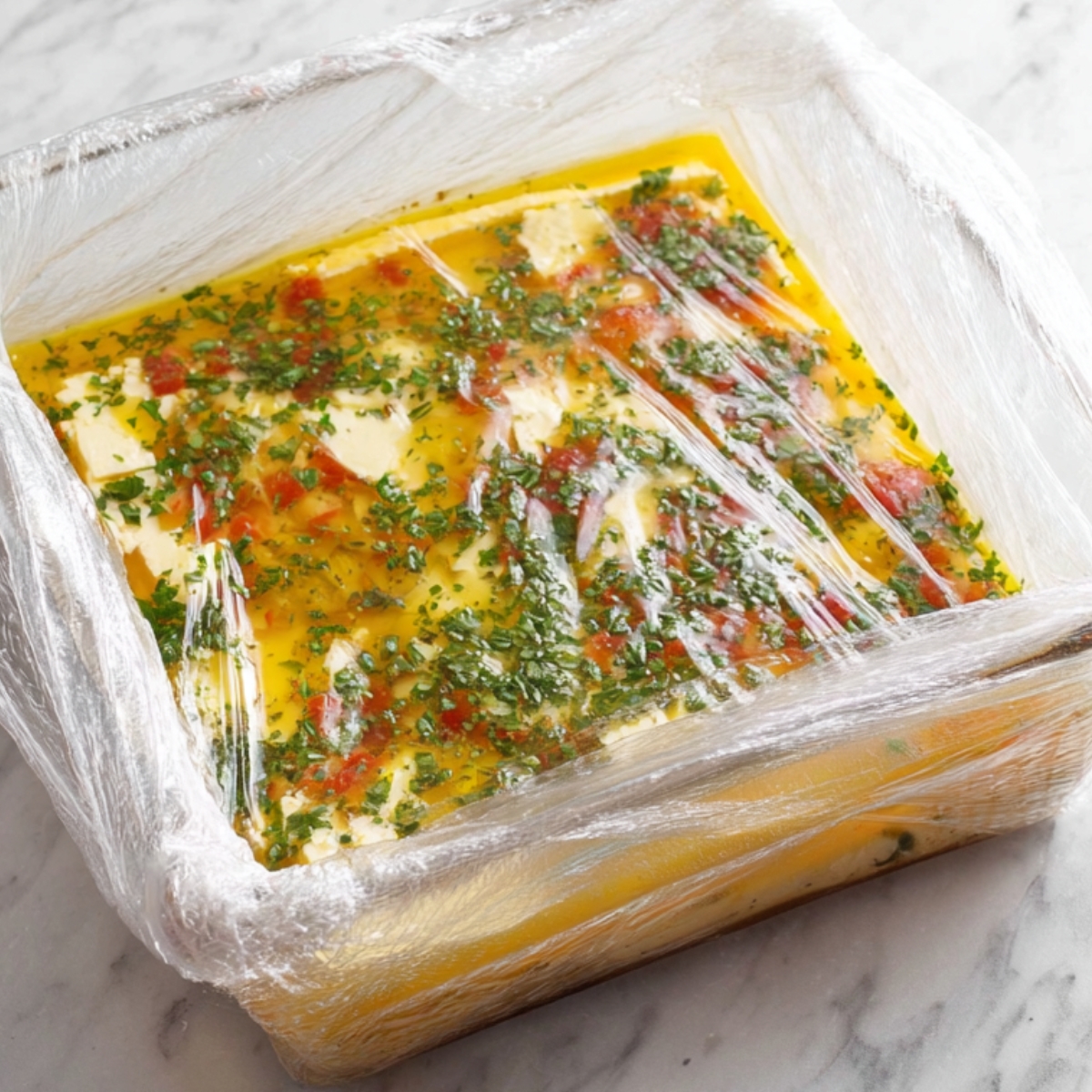 Easy Marinated Cheese Recipe 13 A square casserole dish filled with marinated cheese and herbs, sealed with plastic wrap to allow the flavors to infuse. The dish features layers of cheese, red peppers, and green herbs soaked in olive oil.