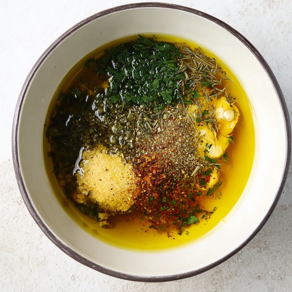 Easy Marinated Cheese Recipe 10 "A bowl filled with olive oil, garlic, herbs, and spices, creating a fragrant marinade that will be poured over the cheese for marination.