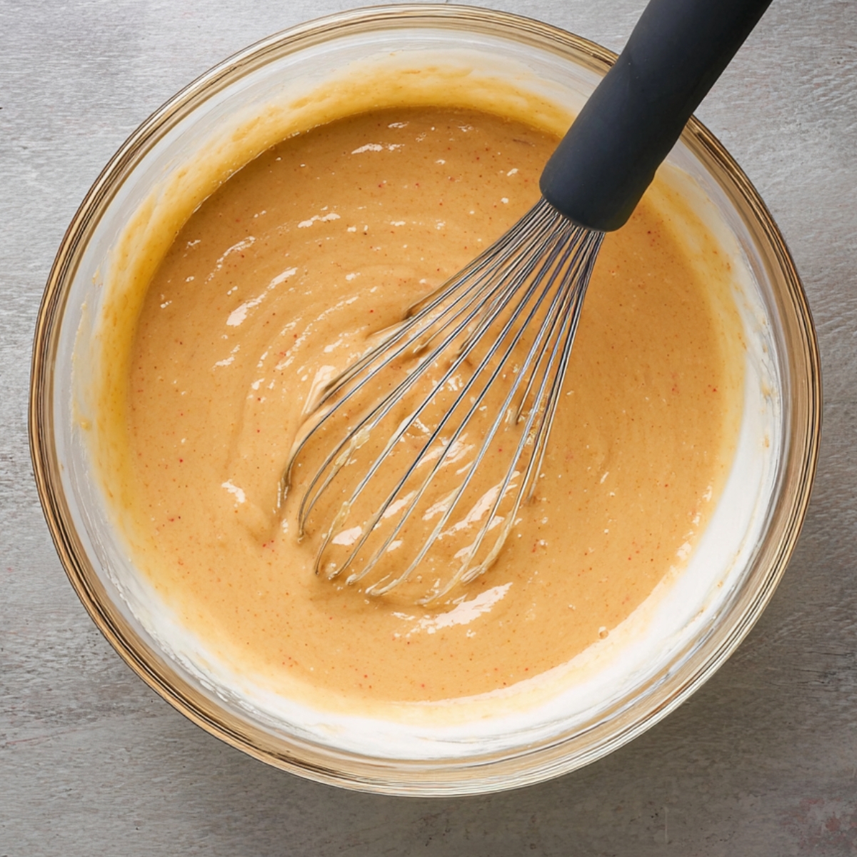 Delicious Sweet Potato Pancakes Recipe 12 A bowl of pancake batter, likely sweet potato-based, with a whisk inside. The batter has a smooth consistency and is ready for cooking.