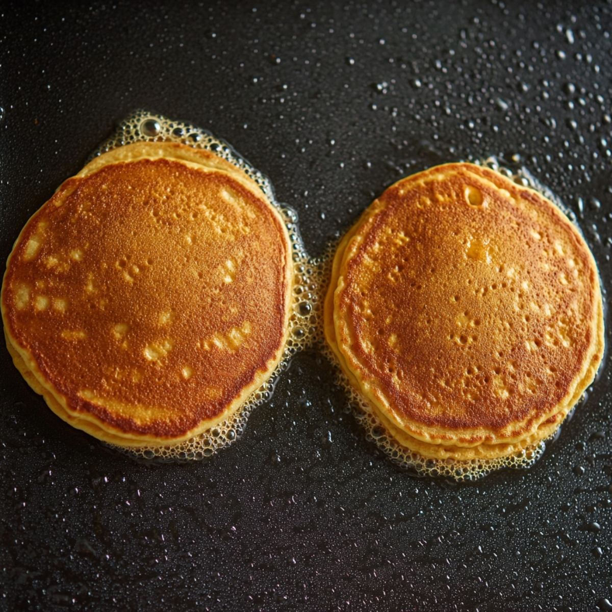 Delicious Sweet Potato Pancakes Recipe 13 Two golden pancakes cooking on a griddle, with bubbles forming on the surface, indicating they are almost ready to be flipped. The griddle is lightly greased, adding to the overall golden color of the pancakes.