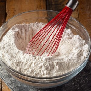 Delicious Sweet Potato Pancakes Recipe 15 A glass bowl filled with flour, with a red whisk resting inside. The flour is sifted and waiting to be mixed with other ingredients in preparation for baking.